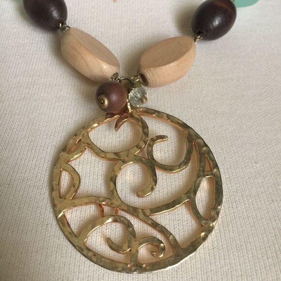 Necklace Wood and Stone‎ w/Gold Brown and Green - Picture 5 of 7